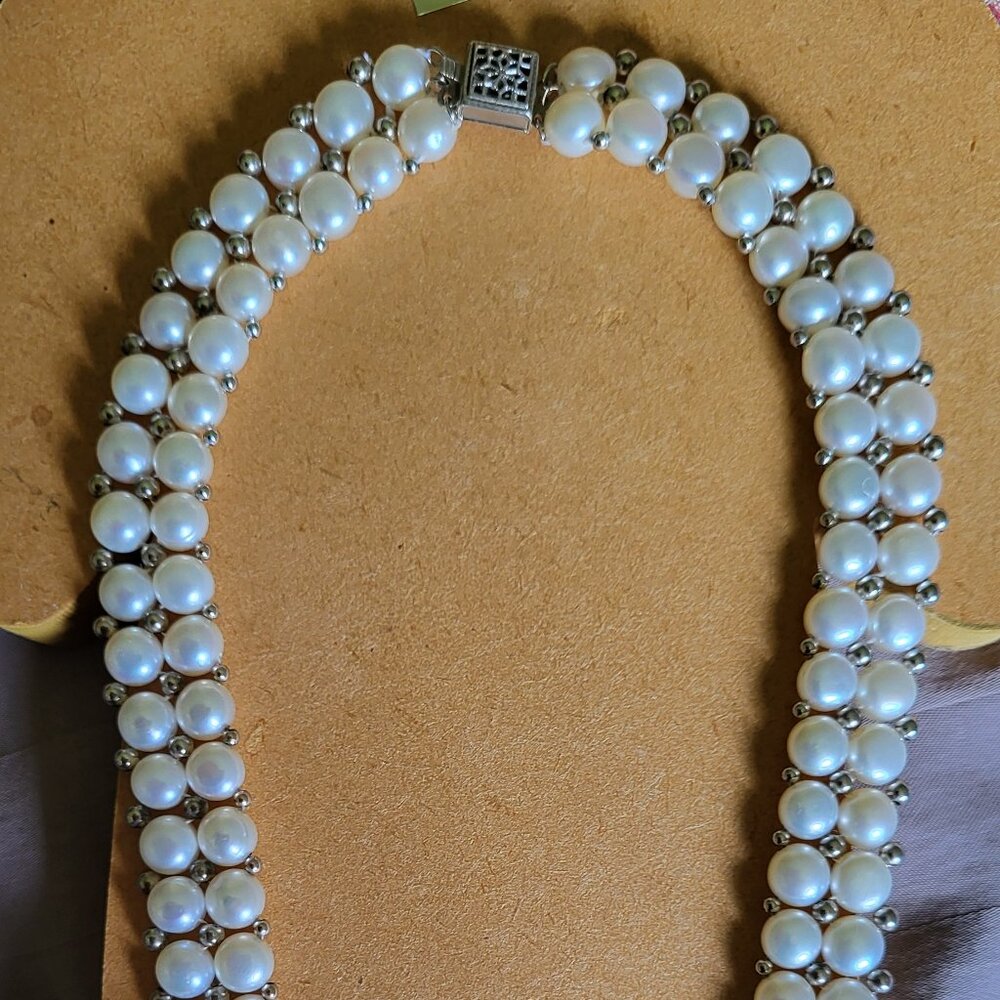 VINTAGE STERLING SILVER CULTURED PEARL CHOKER NECKLACE - Picture 9 of 11